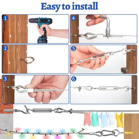 Installation steps of One Eighth Inch Wire Rope Kit With 200 Feet Vinyl Coated Stainless Steel Cable for outdoor hanging