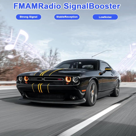 Boost Your Car Audio With FM AM Radio Antenna Signal Amplifier Featuring 12 Volt Power Supply And DIN Plug Connector For Ride Truck SUV Easy Install Copper Signal Wire Anti Interference Receiver Booster displayed in a car with dynamic sound waves in the background.