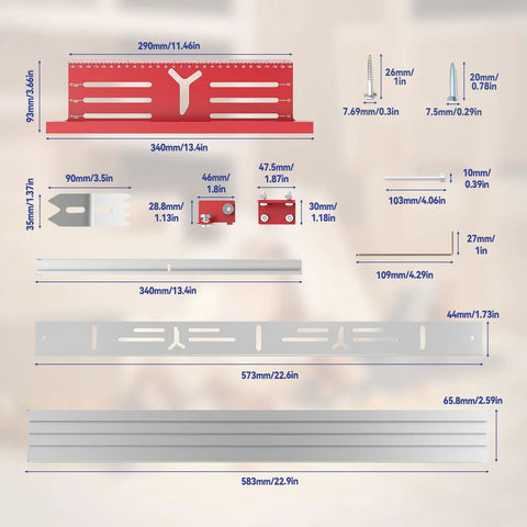 Detailed components of Bench Top Board Mill XL 24 Inch Capacity Router Sled for Flattening with measurements shown.