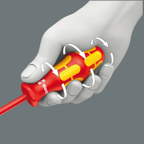 Person gripping Kraftform Plus VDE Insulated Slotted Screwdriver With Lasertip Drive, 7 32nd Inch Tip, 5 Inch Blade Length