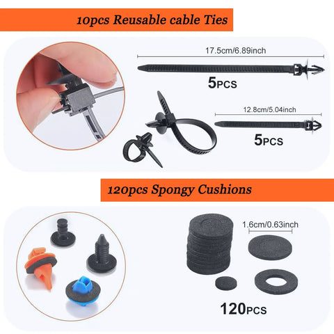 Massive 1240Pcs Car Retainer Clips And Fasteners Kit with cable ties and spongy cushions detail