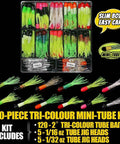 Go To Crappie Jig Kit With Tube Baits 120 Pcs Soft Plastic Crappie Lures In 12 Colors And 10 Jig Heads For Panfish And Trout Fishing In Any Conditions, displayed in an open box, showcasing lures in multiple colors and labeled jig heads.