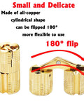 Hidden Barrel Hinges Set 8mm Brass Concealed Furniture Hinges in gold with 180 degree opening, shown in open and closed positions.