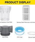 Product display with nylon explosion-proof shell, stainless steel filter screen, nylon body, PTFE tape, silicone gasket components.