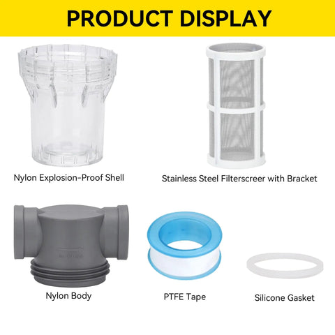 Product display with nylon explosion-proof shell, stainless steel filter screen, nylon body, PTFE tape, silicone gasket components.