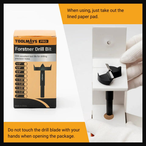 Heavy Workhorse Forstner Drill Bits For Woodworking, 3/4 Inch High Carbon Steel Round Noses, package with drill bit display.