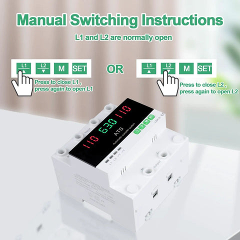 63A 110V Automatic Manual Transfer Switch With L1 Priority Phase Selector LED Display showing manual switching instructions