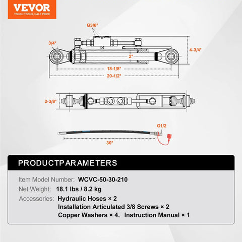 Diagram of Heavy Duty Hydraulic Top Link For Cat 1 Tractors, Adjustable Length From Eighteen And One Eighth To Twenty Six And Three Eighths Inches, Eight And One Quarter Inch Stroke with dimensions and components.