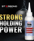Starbond thin CA glue bottle with white body, precision nozzle and blue label, 4 oz.