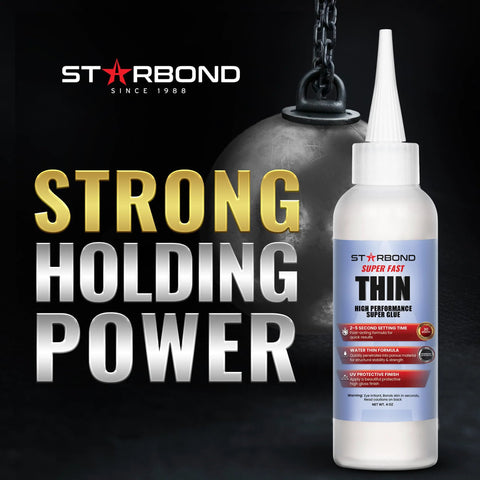 Starbond thin CA glue bottle with white body, precision nozzle and blue label, 4 oz.