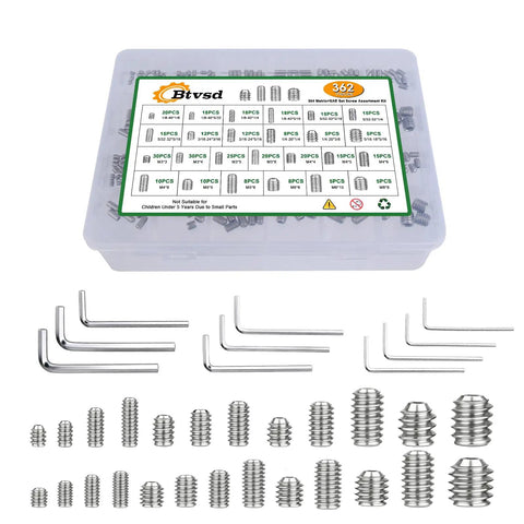 All In One 362-Piece Set Screw Kit With Metric M3 To M8 And SAE 1/8 To 5/16 Inch Sizes For Bathroom Fixtures And Furniture Repair, 304 Stainless Steel Allen Head Screws, Includes 5 Metric And 5 SAE Hex Wrenches