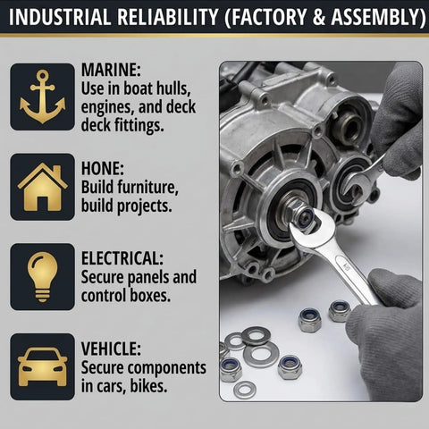 Uses of All-In-One 61-Piece M8 Stainless Steel Lock Nut And Flat Washer Kit With 13mm Open-End Wrench in various industries