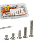 38 Piece Stainless Steel Socket Cap Screws Set With Countersunk Heads 1/4-20 Thread Five Sizes And Allen Keys Includes 3/8 1/2 3/4 1 And 1-1/2 Inch Lengths Corrosion Resistant 304 Stainless Hardware Kit For DIY shown with packaging and scattered screws