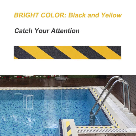 Anti Slip Grip Tape 2 Inch By 60 Foot High Traction Non Skid Tape For Stairs Floors Ladders Decks Ramps Indoor Outdoor Use Yellow And Black Caution Zones Safe Steps DIY Friendly Moisture Resistant UV Resistant installed around a swimming pool edge.