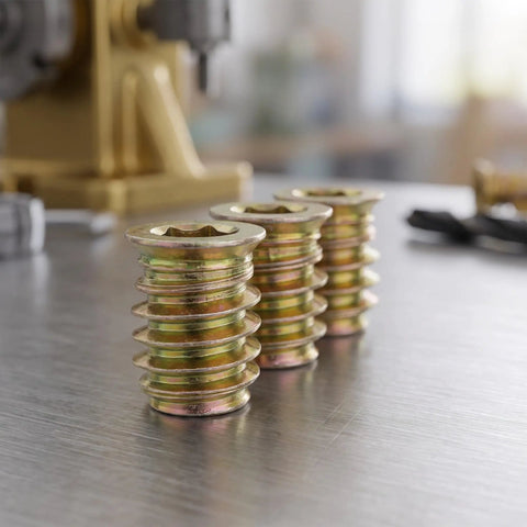 High Grade Wood Nut Inserts Metal Threaded Kit With 420 Hex Heads For Robust And Vibration Resistant Furniture Connections Featuring Accurate Hole Placement For Heavy Duty Wood Assembly Projects, close-up
