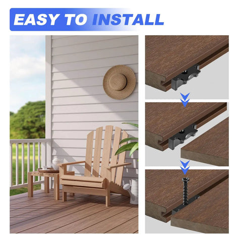 Kickass Heavy Duty Hidden Deck Clip Fastener Kit Featuring Rustproof Stainless Steel Screws And Magnetic Driver Bit For Grooved Composite Boards showing installation on a porch.