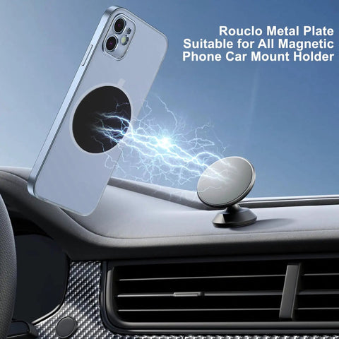 Smartphone with attached round metal plate on magnetic car mount demonstrating grip, 12 Pack Ultra Thin Metal Plates For Magnetic Car Mounts 6 Round And 6 Rectangular Durable Non Magnetic Plates With Strong 3M Adhesive Universal Fit For Smartphones And Tablets Easy Install Slim Ridiculous Grip.