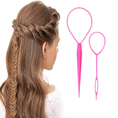 Six Piece Topsy Tail and Hair Loop Styling Tool Set for Ponytail Makers, French Braid Loops, and Pull Through Tools for Durable, Reboundable Hair Accessories in Pink, Blue, Purple for Women and Girls, pink plastic loop tool