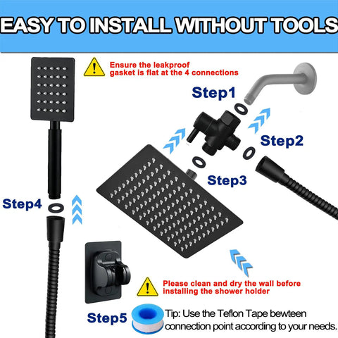 Installation steps for Square Rain Shower Head With Handheld Spray Bundle, High Pressure All Metal Shower Set, Matte Black Finish