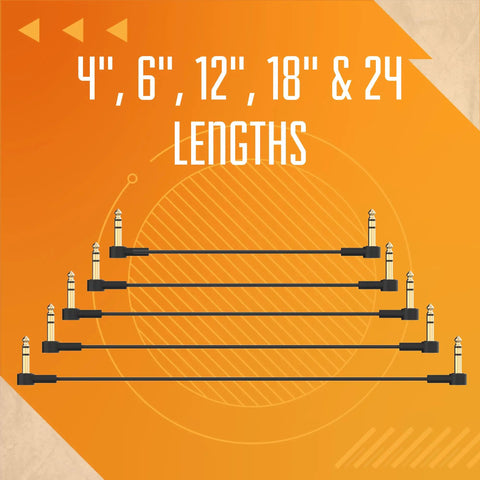 Image of Ultra Thin Quarter Inch Stereo TRS Patch Cables Eighteen Inch Right Angle Low Profile Gold Plated Braided Shielding in various lengths.