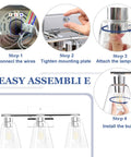 Assembly steps for Chrome Bathroom Vanity Light Fixtures With Three Lights, 16.9 Inch Over Mirror Bar, clear glass shades.