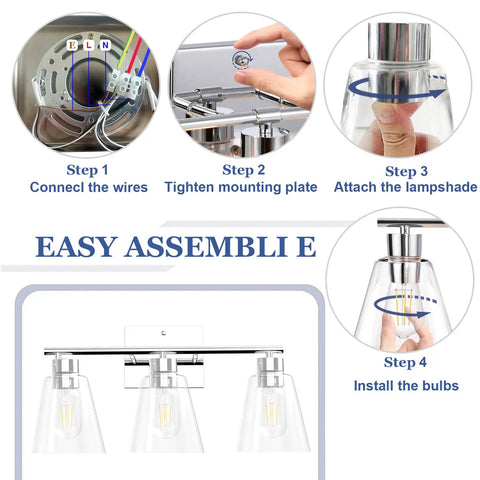 Assembly steps for Chrome Bathroom Vanity Light Fixtures With Three Lights, 16.9 Inch Over Mirror Bar, clear glass shades.