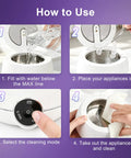 Four-step guide for using Dual Ultrasonic And UV Retainer Cleaner for dentures and Invisalign, showing water fill and controls