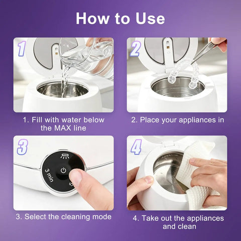 Four-step guide for using Dual Ultrasonic And UV Retainer Cleaner for dentures and Invisalign, showing water fill and controls