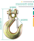 Top Shelf Grade 70 Clevis Slip Hooks With Safety Latch 5/16 Inch heavy duty forged steel hook with dimensions shown.