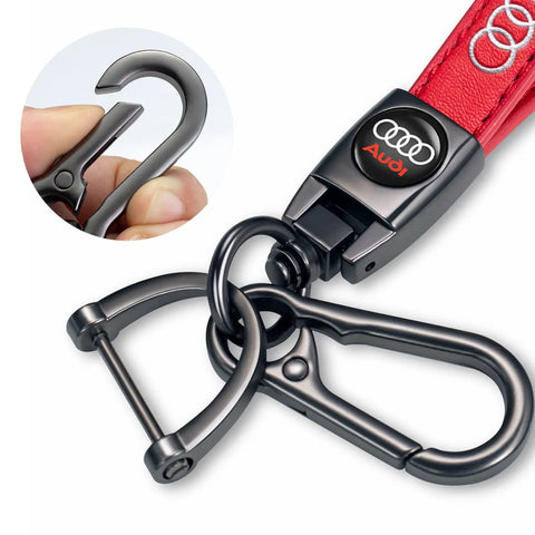 Close-up of Red Leather Car Keychain For Audi A1 A3 RS3 A4 A5 A6 A7 RS7 A8 Q3 Q5 Q7 R8 With Durable Zinc Alloy Accents