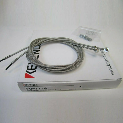 Keyence FU-77TG Transmissive Fiber Optic Sensor Switch Unit, coiled cable on packaging box, plug-and-play design for PLC