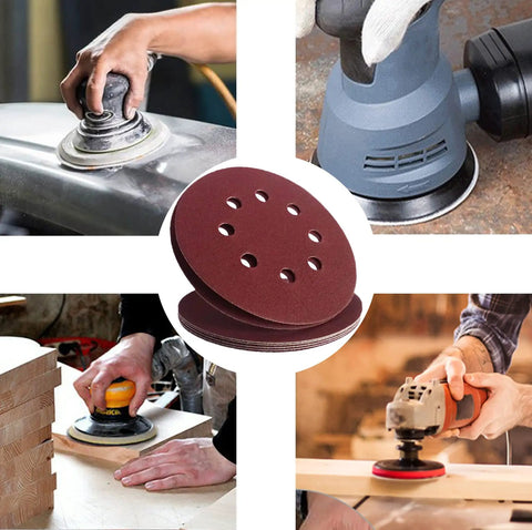 50 Pcs 125mm 8 Holes Sanding Discs And Pads 5 Inch 40 Grit Hook And Loop Sandpaper Sheets For Random Orbital Sander Pro Grade Heavy Duty Alumina Abrasive Polishing Set with close-up of sanding in action.