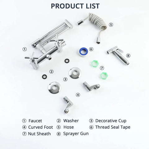 Parts of Wall Mount Kitchen Faucet With 360 Degree Rotating Spout Folding Design 17 Inch Reach Side Sprayer And 2 Handle Pot Filler For Utility Sink Polished Chrome displayed.