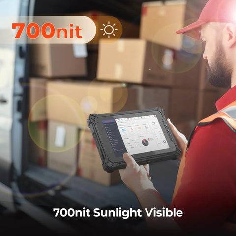 Ready For The Daily Grind 8 Inch Rugged Windows Tablet With Built In Barcode Scanner and Intel Celeron N4680 running Windows 11 Pro in use outdoors.