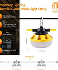 Diagram of 100 Ft LED Construction String Lights with 10 Bulbs on E26 Sockets, showing IP65 waterproof feature and dimensions.