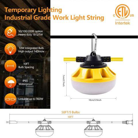Diagram of 100 Ft LED Construction String Lights with 10 Bulbs on E26 Sockets, showing IP65 waterproof feature and dimensions.