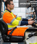 Forklift operator seated on Heavy Duty Forklift Seat With Switch Replacement For Lawn Mower And Tractor Seats With Safety Belt Fits Excavator Skid Loader Backhoe Dozer Telehandler Wide Padded Cushion 6 Inch Forward Backward Slide Adjustable Backrest 35-180 Degrees, showing comfort and safety.