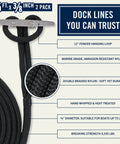 Two Pack Fifteen Foot Dock Lines For Boat Docking With Three Eighths Inch Double Braided Nylon Mooring Rope with 12 Inch Eyelet Black