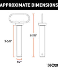 Diagram showing dimensions of 1/2 By 3-5/8 Inch Clevis Pin Hitch With Rubber Coated Handle And Clip.