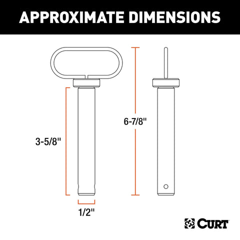 Diagram showing dimensions of 1/2 By 3-5/8 Inch Clevis Pin Hitch With Rubber Coated Handle And Clip.