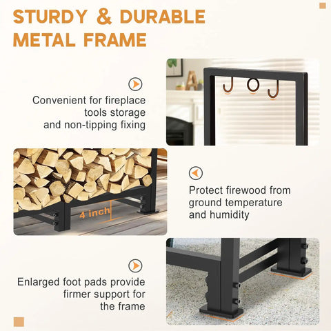 Diagram featuring 4ft Outdoor Firewood Rack With Waterproof Cover, Heavy Duty Wood Holder, Powder Coated Rack With Hooks highlighting metal frame structure, log storage, and 4-inch bottom clearance.