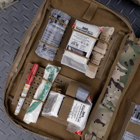 Modular Med Tray Organizer Insert For Backpacks And Utility Pouches Configurable Tray System For Outdoor Gear Tactical Kits And EDC Essentials In Tan Today, showing medical supplies organized in a tactical pouch