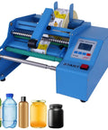 Semi Automatic Label Applicator Machine For Round Plastic Glass Bottles And Jars Featuring Ultrasonic Sensor And Adjustable Dual Mode Operation For No Sweat Labeling, blue unit with labels, controls, and cylindrical containers.