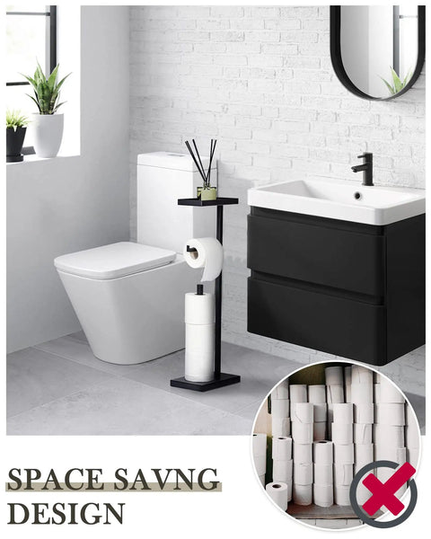 Matte Black Free Standing Toilet Paper Holder With Shelf beside toilet and sink in modern bathroom setting