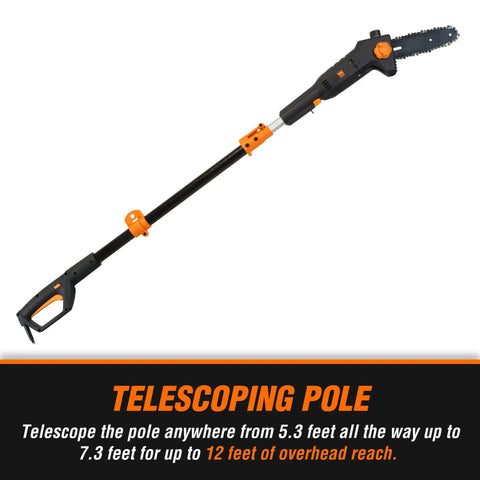 6 Amp 8 Inch Electric Telescoping Pole Saw Corded For Up To 12 Foot Overhead Reach, Lightweight 6.7 Pound Build, Tool-Free Chain Adjustments, Black And Orange
