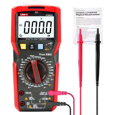 True RMS 6000 Count Digital Multimeter With 1000V AC DC 20A AC DC Range NCV Live Wire Detection LED display with probes and manual.