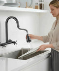 HURRAN Wall Mount Kitchen Faucet with Pull Down Sprayer, Matte Black Kitchen Sink Faucet, 8 Inch, Commercial Kitchen Sink Faucet Dual Handles in use.