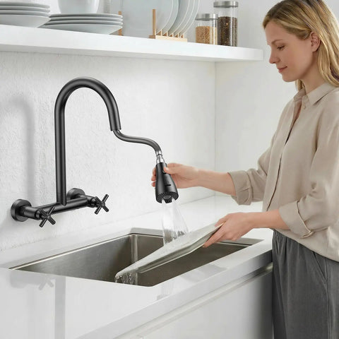 HURRAN Wall Mount Kitchen Faucet with Pull Down Sprayer, Matte Black Kitchen Sink Faucet, 8 Inch, Commercial Kitchen Sink Faucet Dual Handles in use.