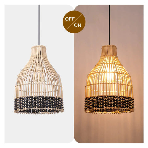 Rattan Pendant Light With Handmade Woven Lampshade, 1 Light Black Pendant For Kitchen Island, unlit and lit view