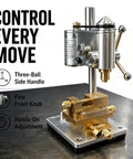 Mini Benchtop Drill Press With Variable Speed For Precision Watch Repair And Jewelry Making 0.01mm Accuracy, showcasing adjustable knobs and durable metal construction.